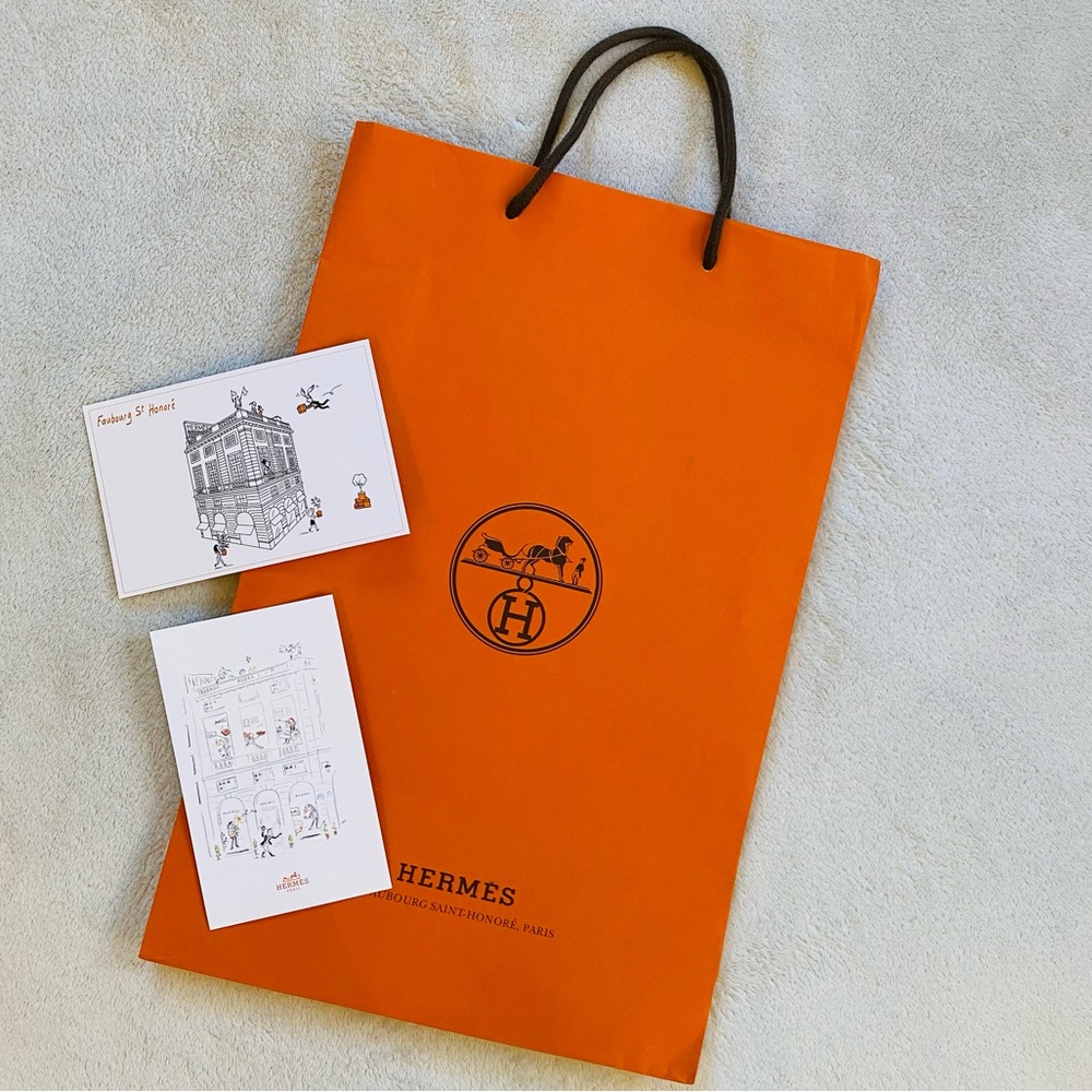 Hermes empty paper shopping bag 17x11x3 & two postcards from rue du Faubourg